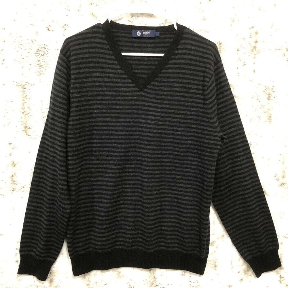 J Crew Merino Wool VNeck Sweater Gray Striped Soft Mens Large